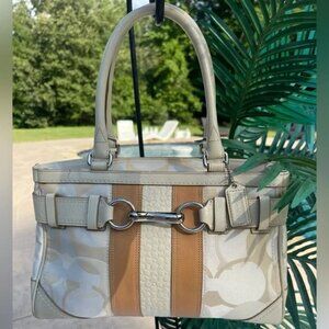 COACH Monogramed Cream & Tan Hamilton Tote Handbag Purse Silver Hardware GUC